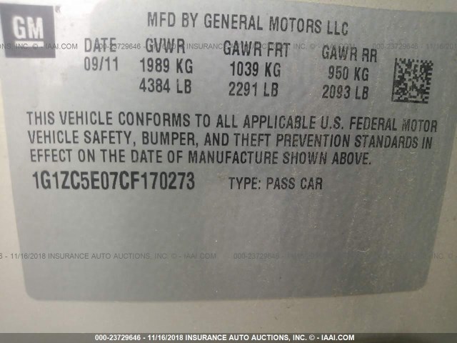 1G1ZC5E07CF170273 - 2012 CHEVROLET MALIBU 1LT GOLD photo 9