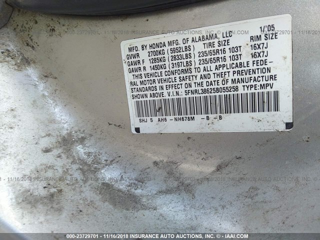 5FNRL38625B055258 - 2005 HONDA ODYSSEY EXL GRAY photo 9