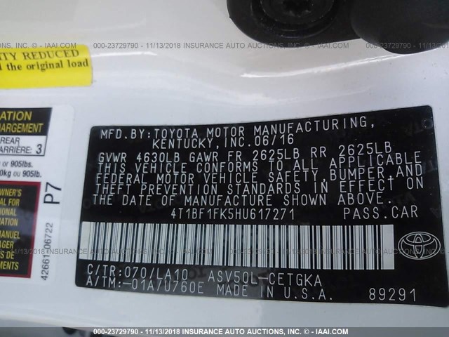 4T1BF1FK5HU617271 - 2017 TOYOTA CAMRY LE/XLE/SE/XSE WHITE photo 9