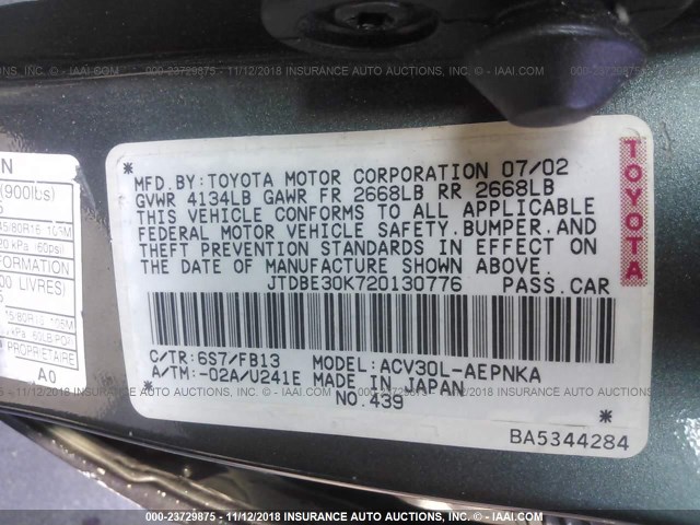 JTDBE30K720130776 - 2002 TOYOTA CAMRY LE/XLE/SE GREEN photo 9