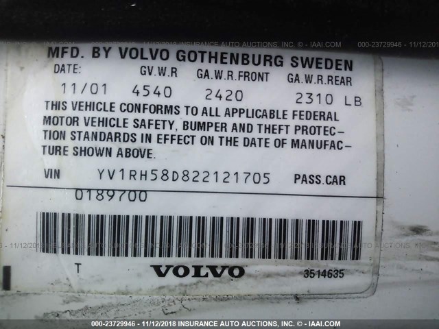 YV1RH58D822121705 - 2002 VOLVO S60 2.5T WHITE photo 9