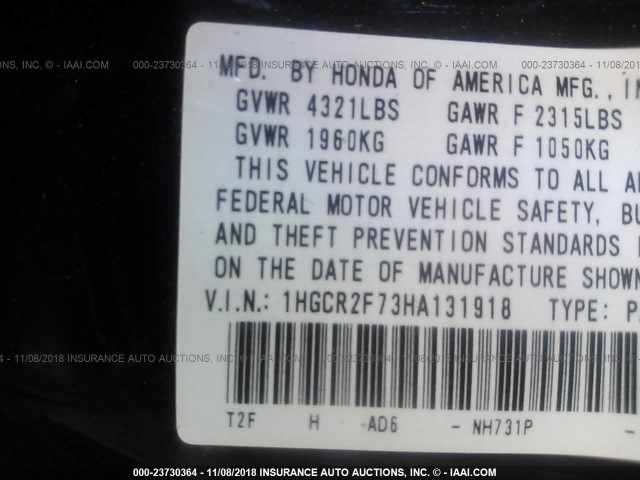 1HGCR2F73HA131918 - 2017 HONDA ACCORD BLACK photo 9