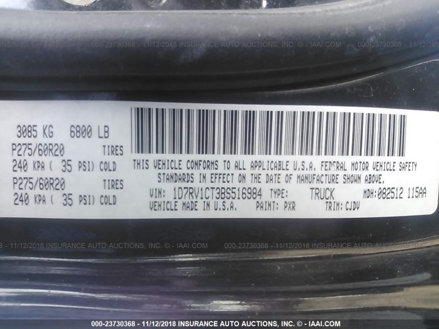 1D7RV1CT3BS516984 - 2011 DODGE RAM 1500 BLACK photo 9