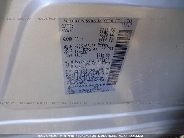 5N1AR2MM2EC647908 - 2014 NISSAN PATHFINDER S/SV/SL/PLATINUM SILVER photo 9