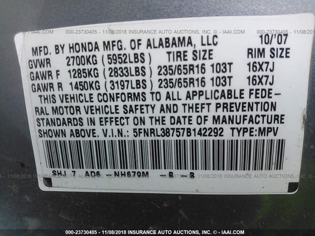 5FNRL38757B142292 - 2007 HONDA ODYSSEY EXL SILVER photo 9