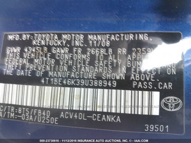 4T1BE46K39U388949 - 2009 TOYOTA CAMRY SE/LE/XLE BLUE photo 9