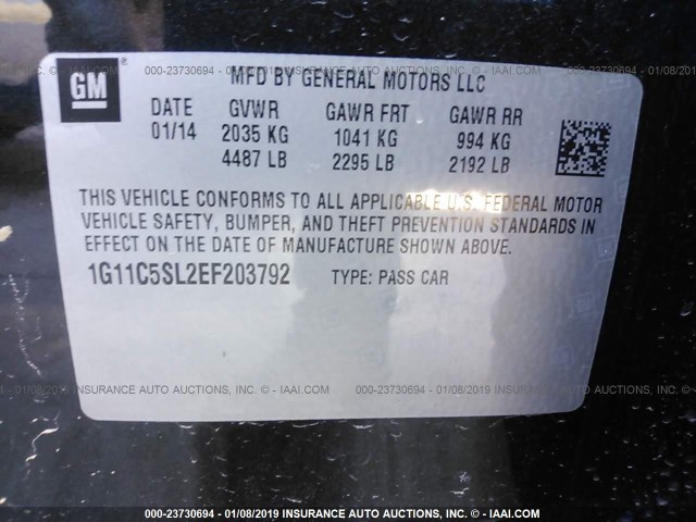 1G11C5SL2EF203792 - 2014 CHEVROLET MALIBU 1LT BLACK photo 9