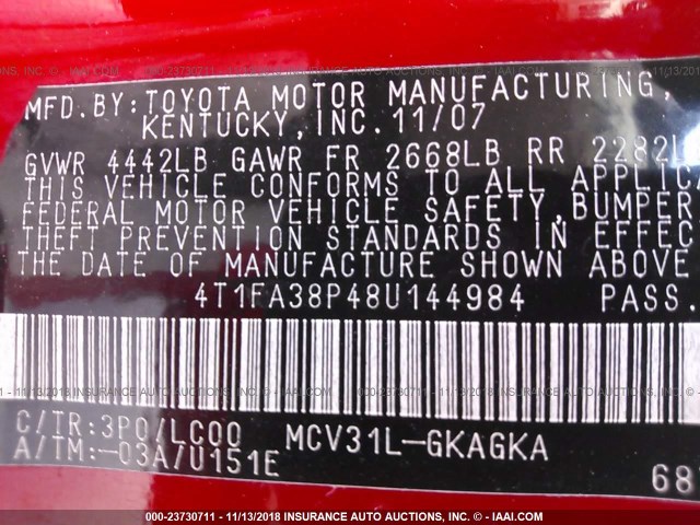 4T1FA38P48U144984 - 2008 TOYOTA CAMRY SOLARA SE/SLE/SPORT RED photo 9