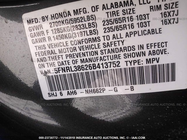 5FNRL38626B413752 - 2006 HONDA ODYSSEY EXL GRAY photo 9