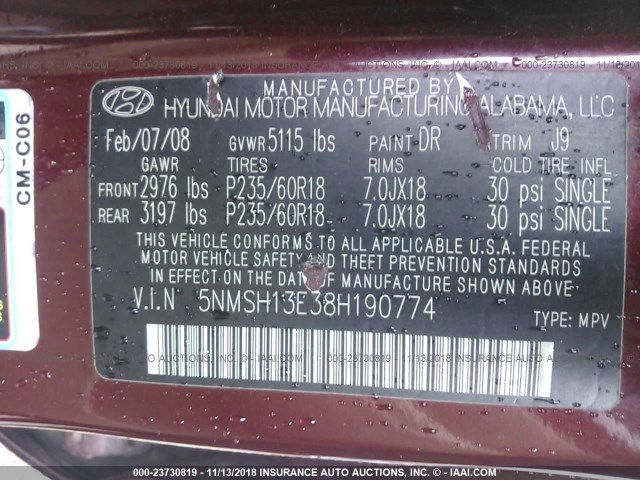 5NMSH13E38H190774 - 2008 HYUNDAI SANTA FE SE/LIMITED RED photo 9