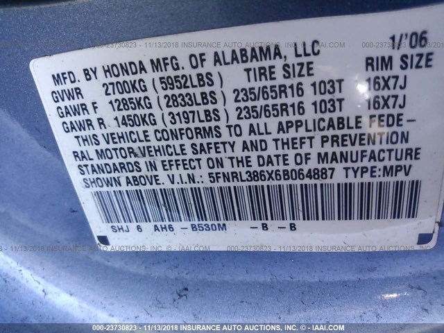 5FNRL386X6B064887 - 2006 HONDA ODYSSEY EXL BLUE photo 9