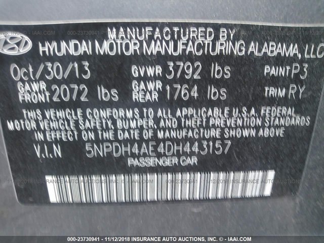 5NPDH4AE4DH443157 - 2013 HYUNDAI ELANTRA GLS/LIMITED GRAY photo 9