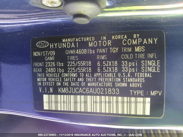 KM8JUCAC6AU021833 - 2010 HYUNDAI TUCSON GLS/LIMITED 蓝色 照片 9