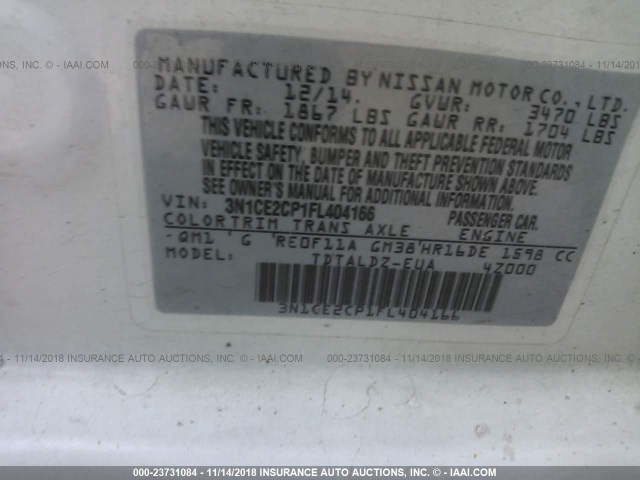 3N1CE2CP1FL404166 - 2015 NISSAN VERSA NOTE S/S PLUS/SV/SL/SR WHITE photo 9