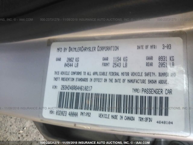 2B3HD46R64H610217 - 2004 DODGE INTREPID SE SILVER photo 9