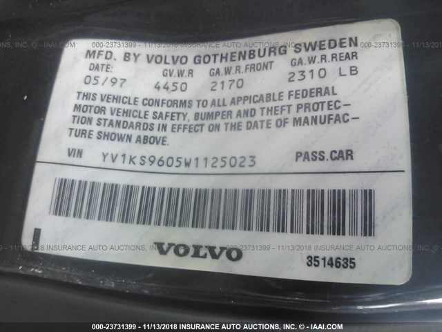 YV1KS9605W1125023 - 1998 VOLVO S90 BLACK photo 9