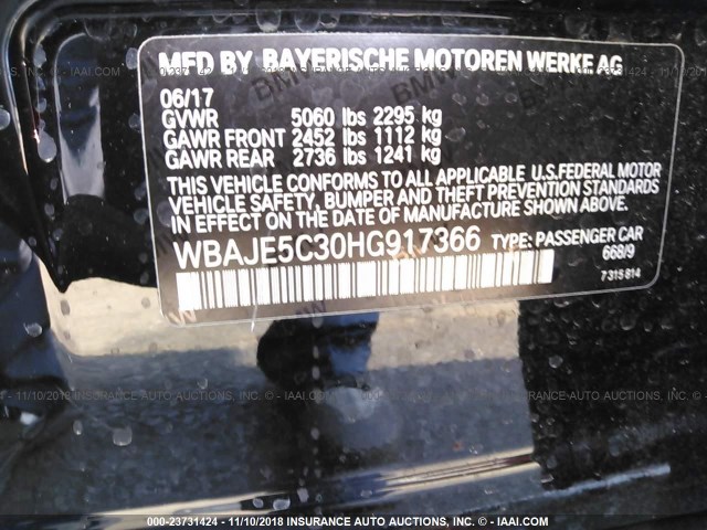 WBAJE5C30HG917366 - 2017 BMW 540 I BLACK photo 9