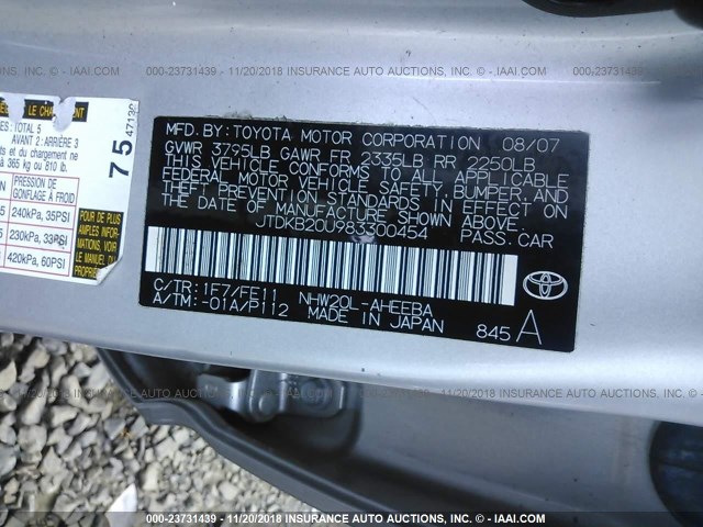 JTDKB20U983300454 - 2008 TOYOTA PRIUS SILVER photo 9