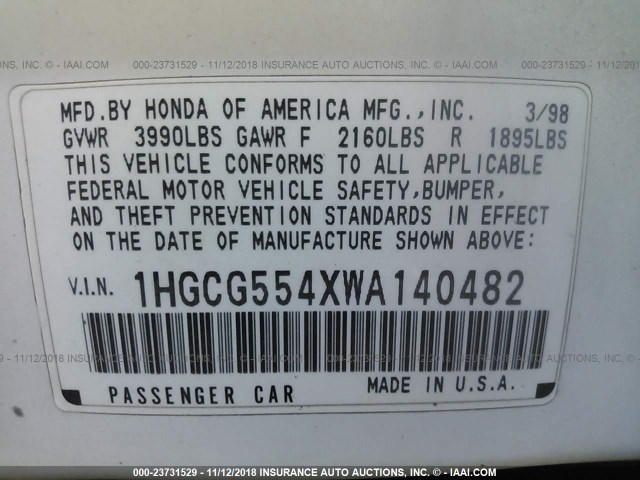 1HGCG554XWA140482 - 1998 HONDA ACCORD LX WHITE photo 9