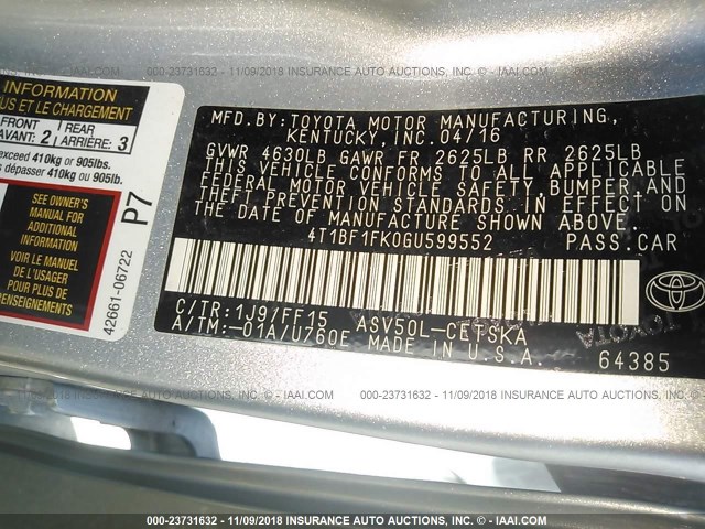 4T1BF1FK0GU599552 - 2016 TOYOTA CAMRY LE/XLE/SE/XSE SILVER photo 9