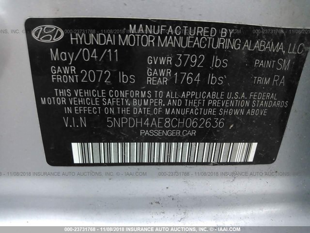 5NPDH4AE8CH062636 - 2012 HYUNDAI ELANTRA GLS/LIMITED 银色 照片 9