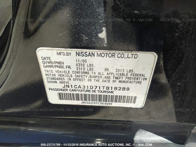 JN1CA31D71T818289 - 2001 NISSAN MAXIMA GXE/SE/GLE/20TH ANNIV BLACK photo 9