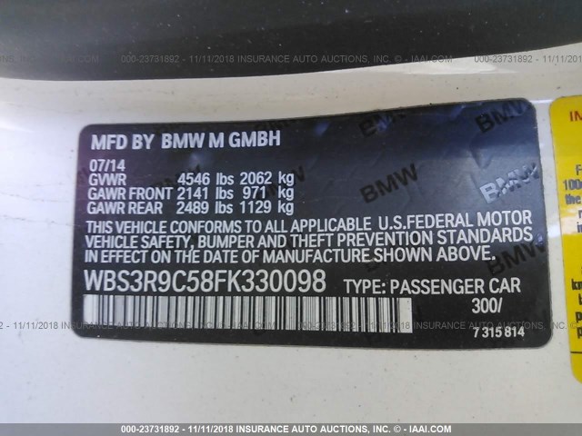 WBS3R9C58FK330098 - 2015 BMW M4 WHITE photo 9