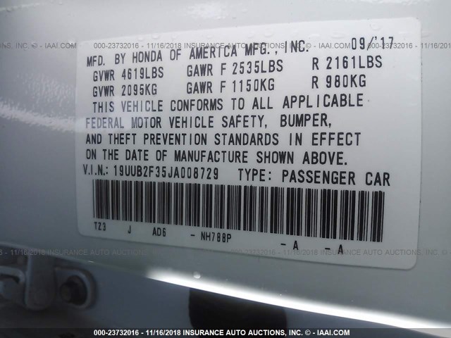 19UUB2F35JA008729 - 2018 ACURA TLX WHITE photo 9