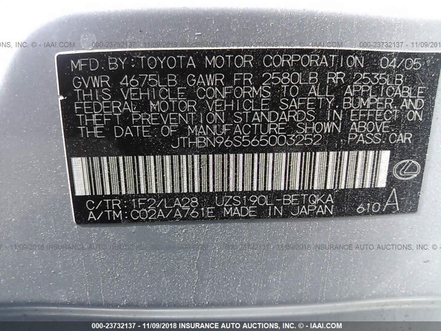 JTHBN96S565003252 - 2006 LEXUS GS GENERATION 200 430 SILVER photo 9