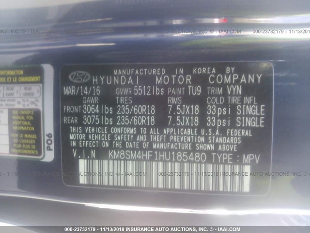 KM8SM4HF1HU185480 - 2017 HYUNDAI SANTA FE SE BLUE photo 9