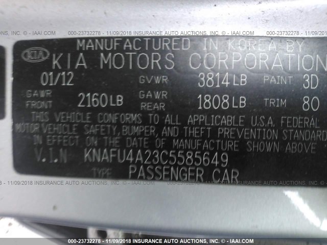 KNAFU4A23C5585649 - 2012 KIA FORTE EX SILVER photo 9