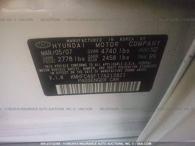 KMHFC46F17A213821 - 2007 HYUNDAI AZERA SE/LIMITED WHITE photo 9