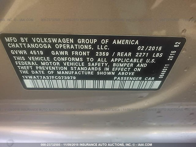 1VWAT7A37FC073979 - 2015 VOLKSWAGEN PASSAT S TAN photo 9