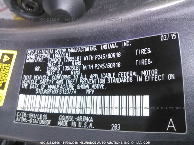 5TDJKRFHXFS133774 - 2015 TOYOTA HIGHLANDER XLE GRAY photo 9