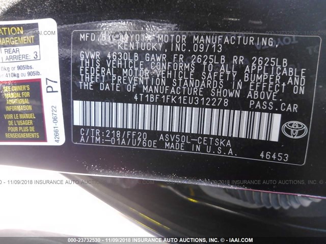 4T1BF1FK1EU312278 - 2014 TOYOTA CAMRY L/SE/LE/XLE 黑色 照片 9