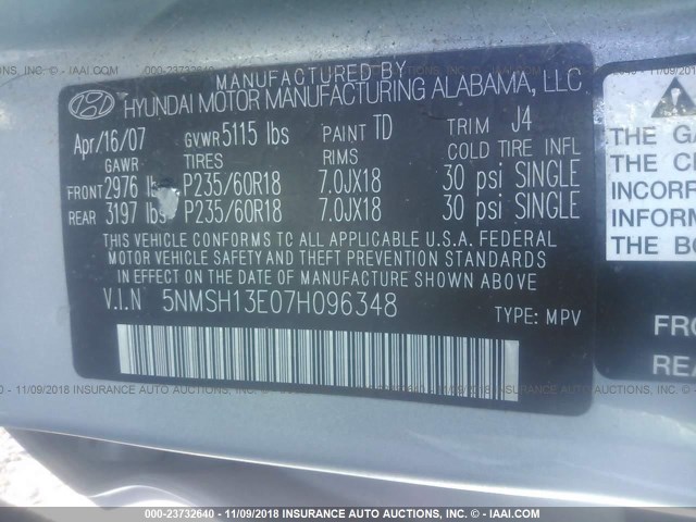 5NMSH13E07H096348 - 2007 HYUNDAI SANTA FE SE/LIMITED GRAY photo 9