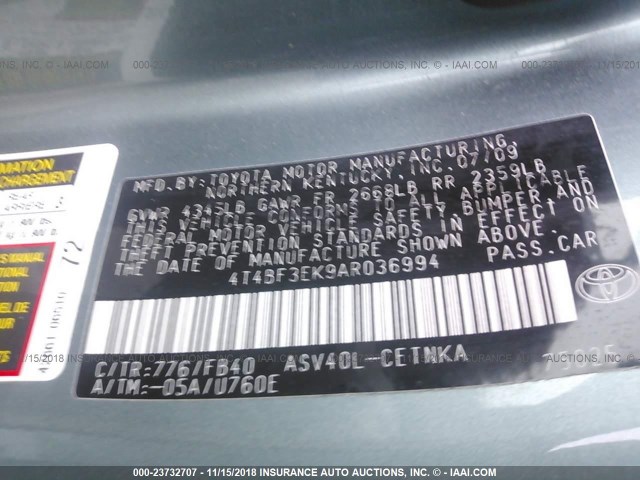 4T4BF3EK9AR036994 - 2010 TOYOTA CAMRY SE/LE/XLE TEAL photo 9