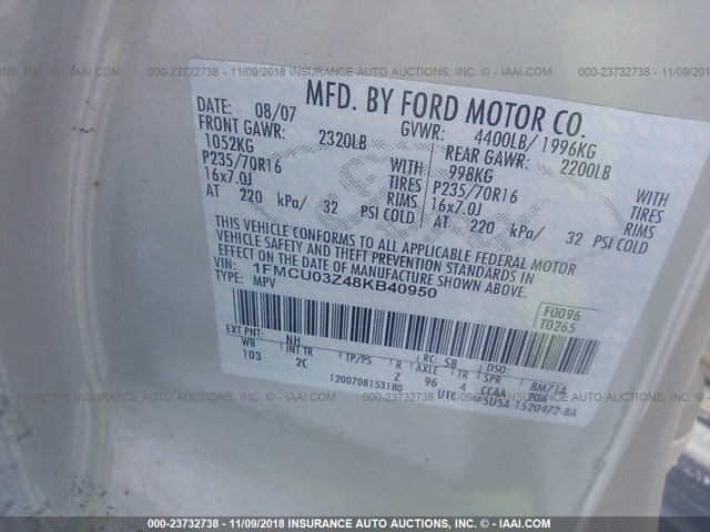 1FMCU03Z48KB40950 - 2008 FORD ESCAPE XLT WHITE photo 9