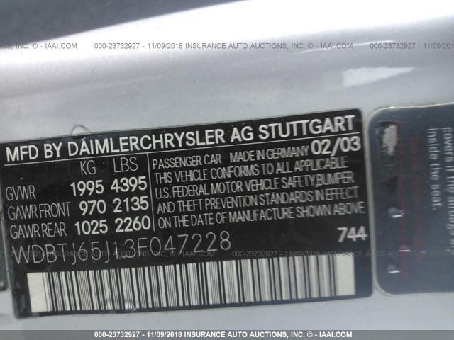 WDBTJ65J13F047228 - 2003 MERCEDES-BENZ CLK 320C SILVER photo 9