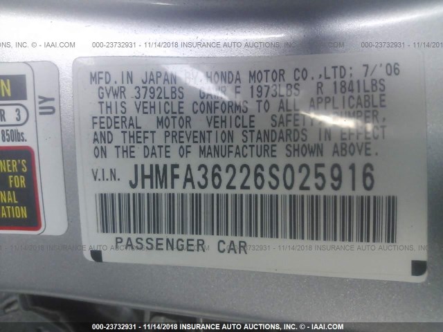 JHMFA36226S025916 - 2006 HONDA CIVIC HYBRID SILVER photo 9