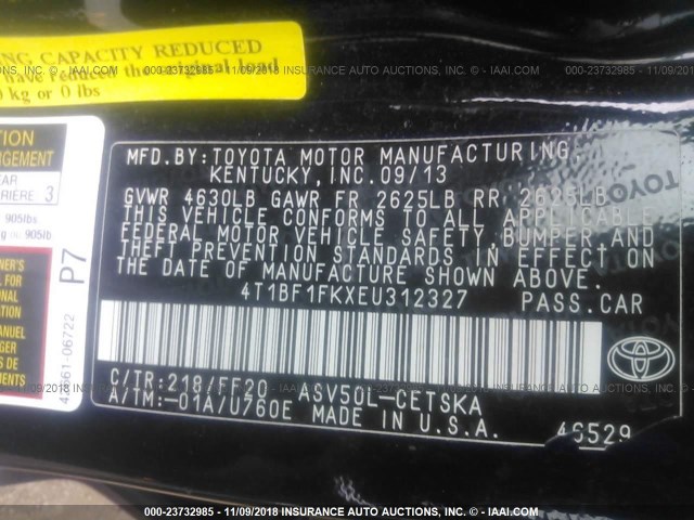 4T1BF1FKXEU312327 - 2014 TOYOTA CAMRY L/SE/LE/XLE შავი ფოტო 9