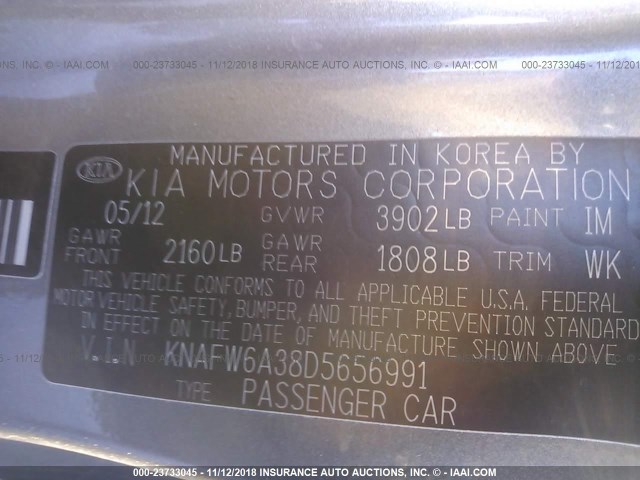 KNAFW6A38D5656991 - 2013 KIA FORTE SX GRAY photo 9