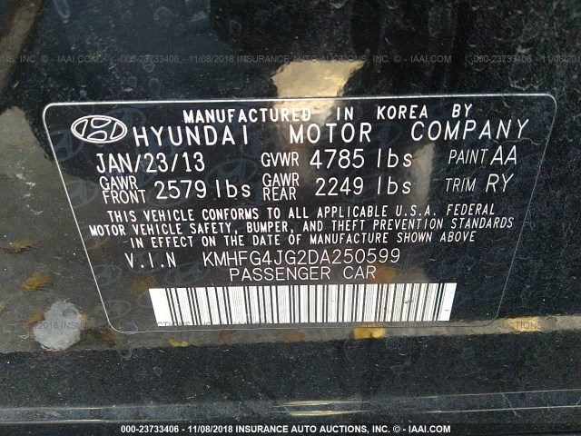 KMHFG4JG2DA250599 - 2013 HYUNDAI AZERA BLACK photo 9