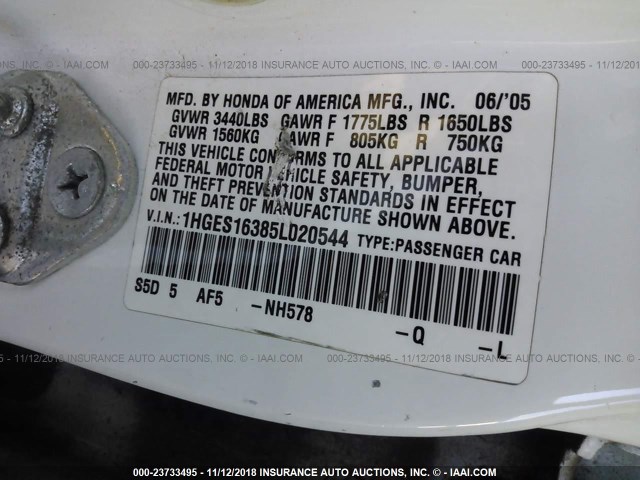 1HGES16385L020544 - 2005 HONDA CIVIC DX VP Ağ foto 9