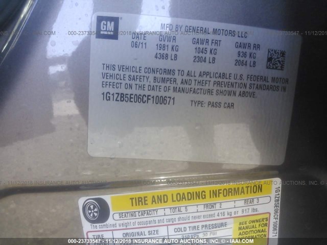 1G1ZB5E06CF100671 - 2012 CHEVROLET MALIBU LS 灰色 照片 9