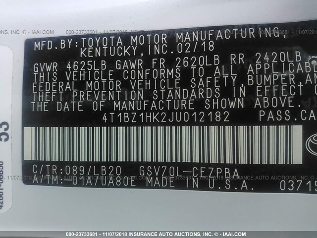 4T1BZ1HK2JU012182 - 2018 TOYOTA CAMRY XSE/XLE Ağ foto 9