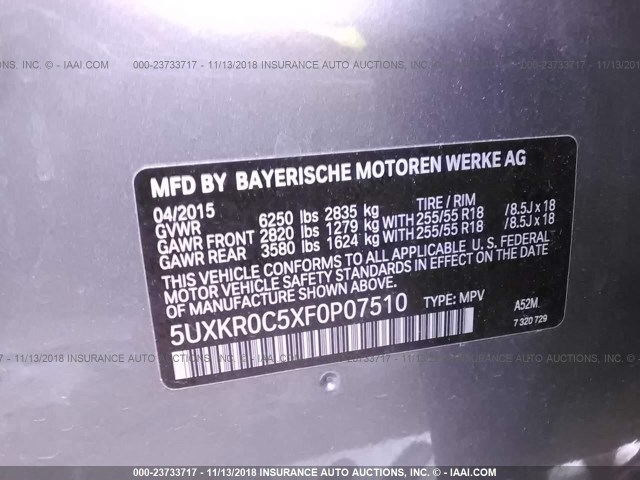 5UXKR0C5XF0P07510 - 2015 BMW X5 XDRIVE35I GRAY photo 9