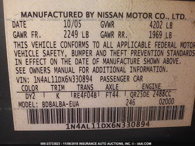 1N4AL11DX6N330894 - 2006 NISSAN ALTIMA S/SL GREEN photo 9