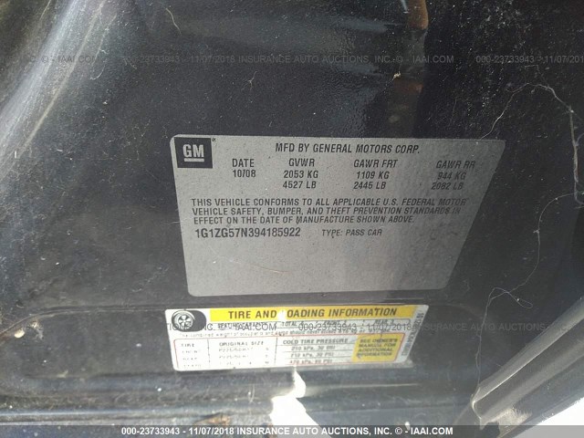 1G1ZG57N394185922 - 2009 CHEVROLET MALIBU LS 黑色 照片 9