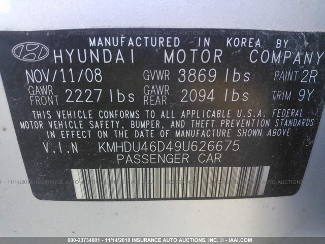 KMHDU46D49U626675 - 2009 HYUNDAI ELANTRA GLS/SE SILVER photo 9